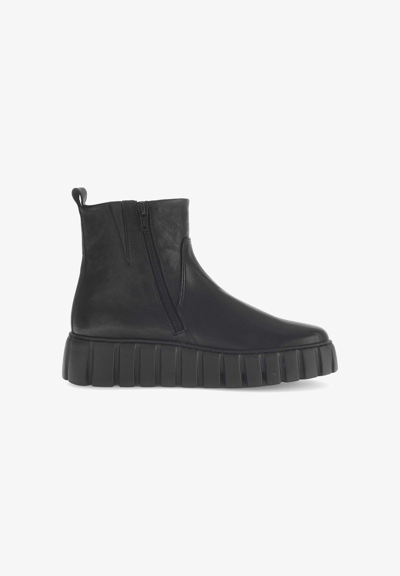 Schwarze Leder-Stiefeletten mit seitlichem Reißverschluss, gerippter Gummisohle und einer Zuglasche. Glatte Textur und modernes Design mit einem gestapelten Absatz.