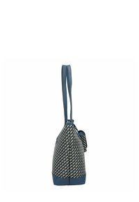 Sac à main tissé bleu avec un motif texturé, doté de deux anses et d'une petite pièce d'accent. La base est d'un bleu uni.