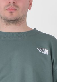 Felpa verde in cotone con collo a coste e logo bianco di The North Face nella zona sinistra del petto. Texture liscia.