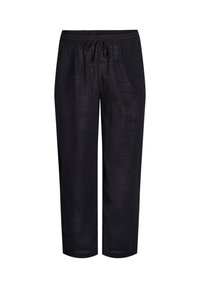 Pantaloni neri in lino con fascia elastica in vita e coulisse. Presentano un design rilassato a gamba larga e una leggera texture. Lunghezza cropped.