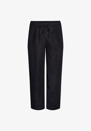 Zwarte linnen broek met een elastische tailleband en trekkoord. Heeft een ontspannen, wijd uitlopende pasvorm en een subtiele textuur. Geknipte lengte.