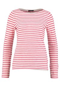 Maglietta a maniche lunghe a righe con strisce orizzontali rosa e bianche, scollatura rotonda e texture di tessuto morbido.