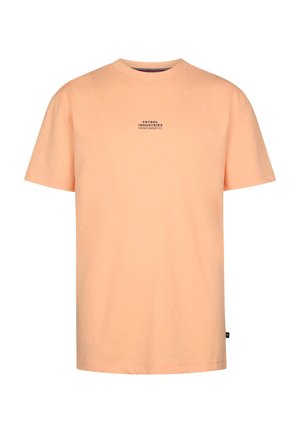 Pfirsichfarbenes Baumwoll-T-Shirt mit Rundhalsausschnitt und kurzen Ärmeln. Mit einem kleinen schwarzen Grafikdruck auf der Vorderseite. Weiche Textur.