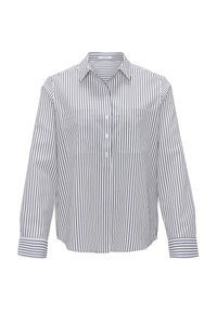 Weißes Hemd mit blauen vertikalen Streifen, verfügt über einen Kragen, zwei Brusttaschen und lange Ärmel mit Manschetten.