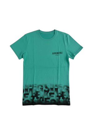T-shirt verde a maniche corte con motivo di testo sfumato nero nella parte inferiore e piccolo logo "Bikkembergs Swimwear" sul petto.