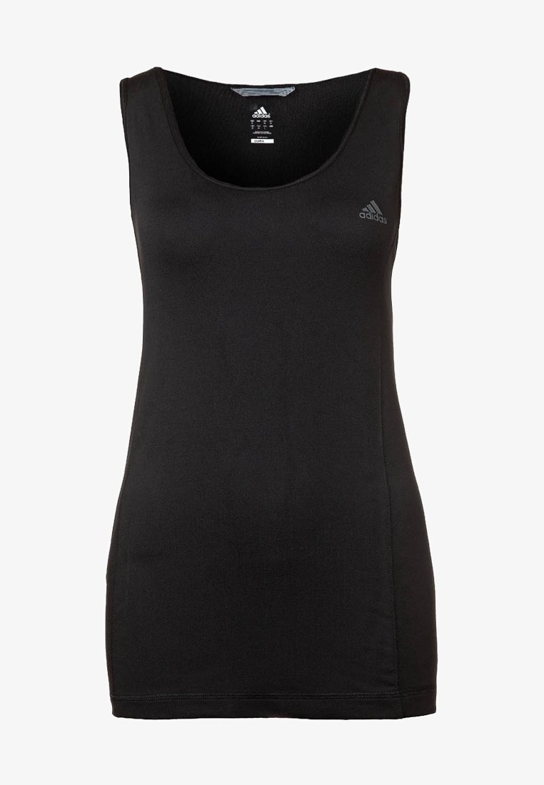 Débardeur noir sans manches en tissu extensible, avec un col rond et un petit logo Adidas sur le côté supérieur gauche.