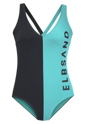 Jednodielne plavky s čierno-turquoise farebným rozdelením, s krížovými ramienkami a logom "ELBSAND" v čiernej farbe na turquoise strane.