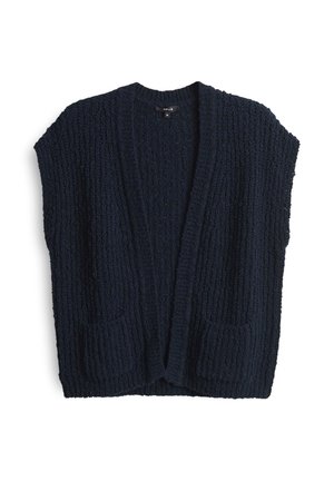 Marineblauwe gebreide cardigan met een gestructureerd oppervlak, open voorkant en twee voorzakken. Mouwloos ontwerp en grof gebreid materiaal.