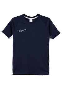 Nike sportströja i mörk marinblå med vita sidopaneler. Har rund halsringning, korta raglanärmar och en liten vit logotyp på bröstet.