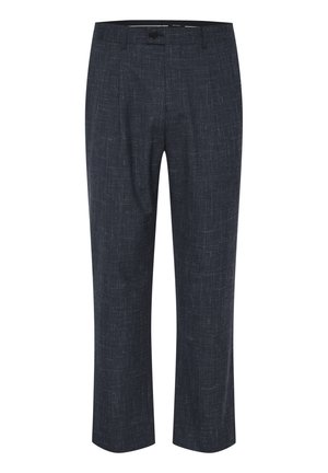 Tums zila krāsa izgatavoti no teksturēta auduma, ar plakanu priekšpusi, pogu aizdari un taisnām kājām ar smalkiem, gaiša toņa rakstiem.