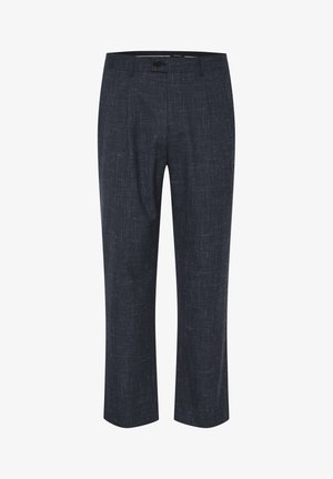 Námořnické modré kalhoty vyrobené z texturované tkaniny, s plochým předním dílem, zapínáním na knoflík a rovnými nohavicemi s jemnými světlými vzory.