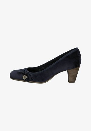 Tamno plavi svilen pump s okruglim vrhom, detaljem u obliku mašne i privjeskom u obliku srca. Ima srednji drveni petu. Elegantna silueta.