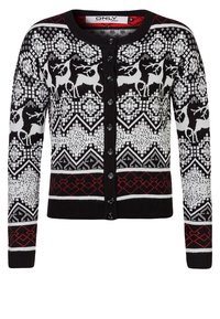 Cardigan noir et blanc à boutons avec des motifs géométriques, des motifs de rennes et des accents en forme de losanges rouges sur les manches et l'ourlet.