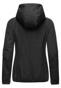Black hooded jacket with a smooth, matte finish. Elastic cuffs and hem, featuring a logo detail near the bottom left side.