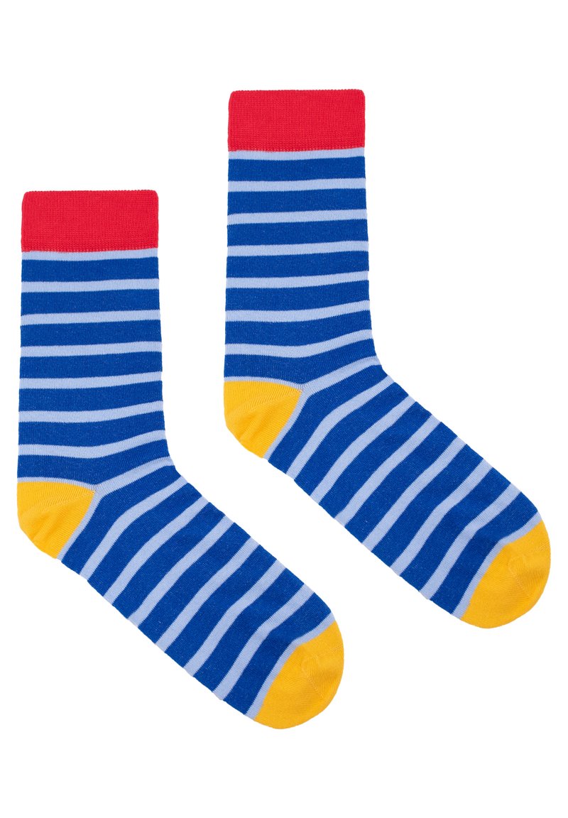 Niebieskie i białe skarpetki w paski z czerwonymi mankietami i żółtymi palcami. Wykonane z miękkiego materiału, z prążkowanym wzorem dla komfortu i dopasowania.