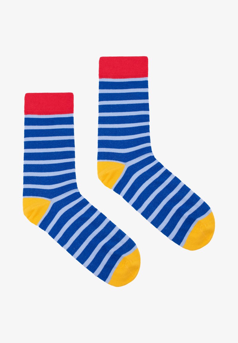 Niebieskie i białe skarpetki w paski z czerwonymi mankietami i żółtymi palcami. Wykonane z miękkiego materiału, z prążkowanym wzorem dla komfortu i dopasowania.
