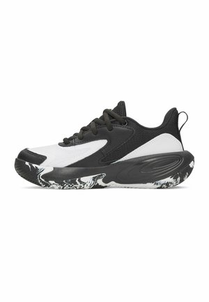 Zwart-witte sportschoen met zwarte veters, mesh- en leren bovenwerk en zwarte gemarmerde zool.
