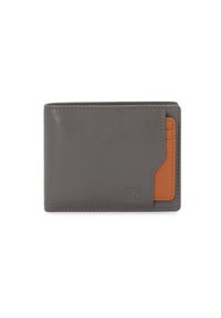 Szary skórzany portfel z brązowym akcentem z jednej strony, posiadający miejsce na kartę. Design jest elegancki i prosty, z wyszywanymi brzegami.