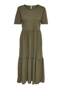 Oliwkowa, krótko rękawowa sukienka maxi wykonana z miękkiego materiału, z okrągłym dekoltem i warstwowym, rozkloszowanym fasonem spódnicy.