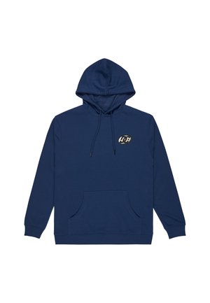 Námorníckomodrá mikina vyrobená z mäkkej zmesi bavlny, s prednou kapsou, kapucňou na šnúrku a nášivkou loga na hrudi.