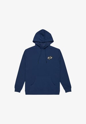 Tmavě modrá mikina s kapucí vyrobená z měkké bavlněné směsi, s přední kapsou, šňůrkou na stažení a logem na hrudi.