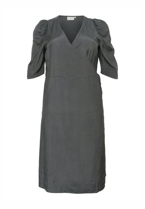 Grijze wikkeljurk met korte pofmouwen, gemaakt van een gladde stof. Bevat een diepe V-hals en een rechte silhouette. Minimalistisch ontwerp, geen patronen.