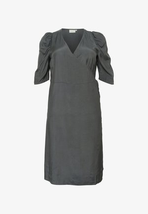 Gray wrap dress with short puff sleeves, made from smooth fabric. Features a deep V-neck and a straight silhouette. Minimal design, no patterns.
