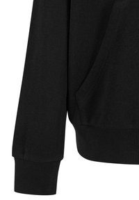 Black sweatshirt featuring a ribbed hem and cuffs, with a kangaroo pocket on the front, made from soft, textured fabric.