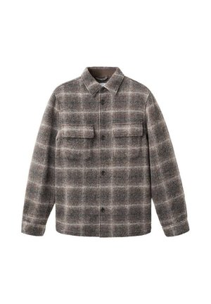 Veste à carreaux en laine mélangée brun et gris, avec deux poches poitrine, un devant à boutons et un col pointu. Texture douce.