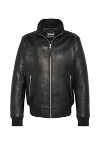 Schwarze Leder-Bomberjacke mit Reißverschluss vorne, zwei seitlichen Reißverschlusstaschen und gerippten Bündchen und Saum. Weicher Stoff mit klassischem Design.