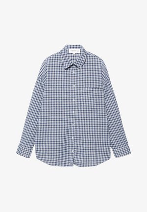 Sininen ja valkoinen ruudullinen pitkähihainen napitettava kauluksellinen paita, jossa on rintatasku, aseteltuna tasaiselle valkoiselle taustalle.