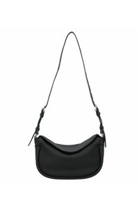 Borsa a spalla in pelle nera con forma curva, texture liscia, tracolla singola regolabile e dettagli di cucitura sottili.