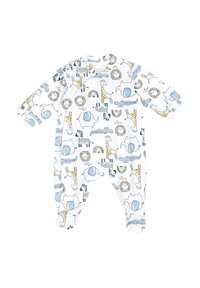 Vit bomullsbabyromper med ett lekfullt djurtryck i blått, gult och svart, med långa ärmar och fotsydd design.