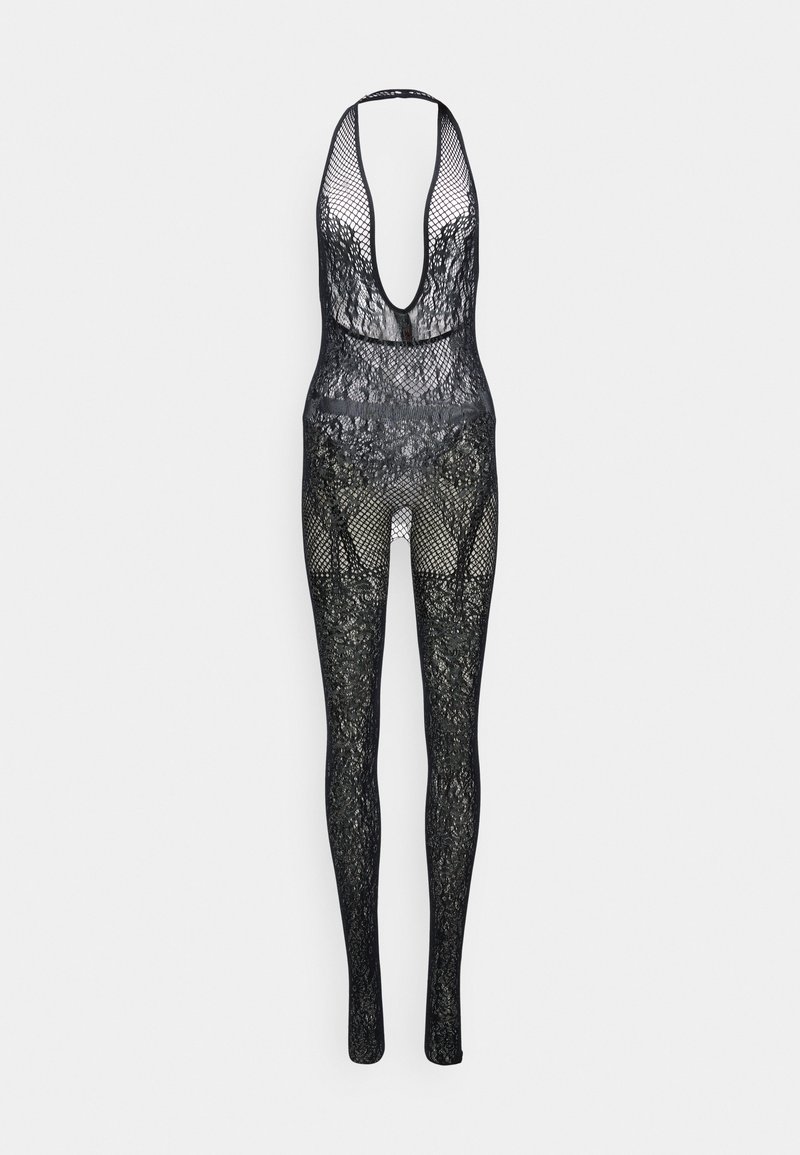 Bodysuit de renda preta com um decote em V profundo, design sem mangas e silhueta ajustada. Apresenta padrões de renda intricados e material transparente.
