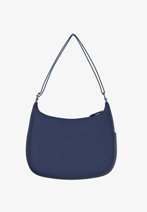 Navy blue shoulder bag made of smooth material, featuring a rounded shape, slim strap, and a zippered closure for secure access.