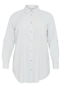 Chemise à rayures bleu clair et blanche. Présente un col, des manches longues avec des pattes de roulage, et une poche poitrine. Texture douce.