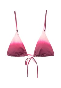 Háromszög bikini felső, rózsaszín árnyalatok gradiensében, állítható pántokkal, ráncolt részletekkel és hátsó megkötőkkel. Puha anyagú textúra.