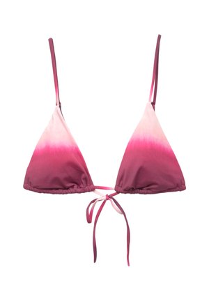 Kolmio bikini yläosa vaaleanpunaisen sävyjen gradientissa, jossa on säädettävät hihnat, kerätty yksityiskohta ja solmiminen selässä. Pehmeä kangastuntu.