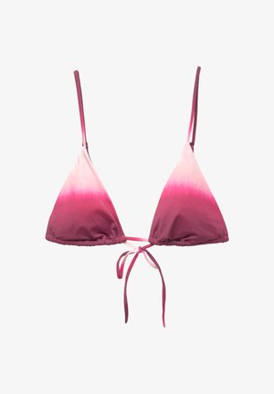 Haut de bikini triangle dans un dégradé de teintes roses, avec des bretelles réglables, des détails froncés et des liens dans le dos. Texture de tissu douce.