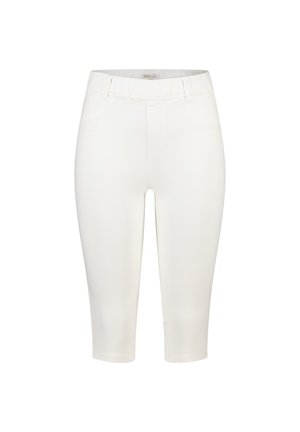 Witte shorts van middellange lengte met elastische tailleband en riemlussen, getailleerde stijl, zonder zichtbare zakken of versieringen.