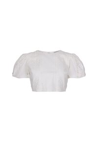 Biała krótką bluzkę wykonaną z bawełny, z wyp puff sleeves, ozdobioną misternym detalem wycinanym oraz okrągłym dekoltem.