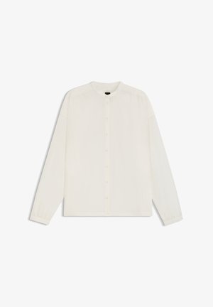 Long-sleeve, white shirt made of lightweight fabric. Features a round neckline, button front, and gathered detail at shoulders.