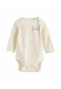 Pitkähihaista vauvan bodya vaaleassa sävyssä, jossa on vaaleanharmaita soikeita kuvioita ja "hello" brodeerattu teksti rinnassa. Alaosassa nepparit.