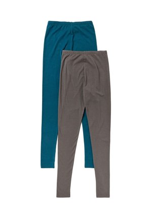 Dos pares de leggings lisos con cintura elástica, uno azul verdoso y otro gris, colocados planos y superpuestos sobre un fondo blanco.