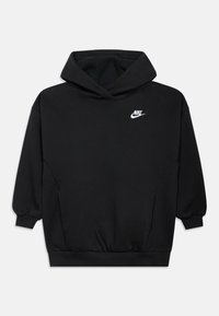 Čierna mikina s kapucňou vyrobená z mäkkého materiálu, obsahujúca predné vrecko, elastické manžety a malé biele logo Nike na hrudi.