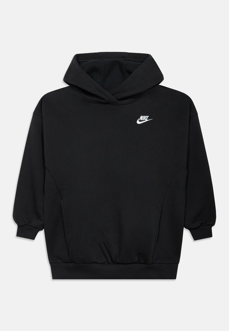 Čierna mikina s kapucňou vyrobená z mäkkého materiálu, obsahujúca predné vrecko, elastické manžety a malé biele logo Nike na hrudi.