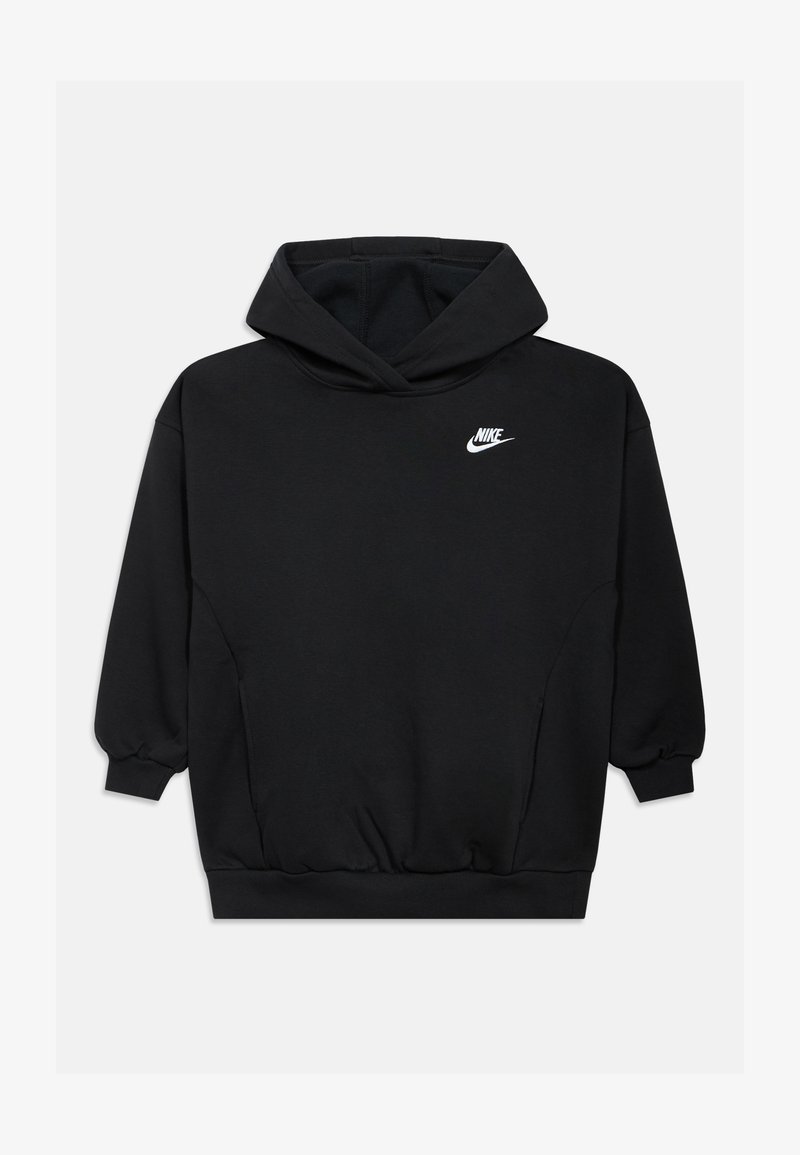 Schwarzer Kapuzenpullover aus weichem Stoff, mit einer Vordertasche, elastischen Bündchen und einem kleinen weißen Nike-Logo auf der Brust.
