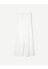 Pantalon blanc à jambes larges avec taille élastique et cordon de serrage, coupe décontractée et ample, tissu léger, présenté à plat sur un fond uni.
