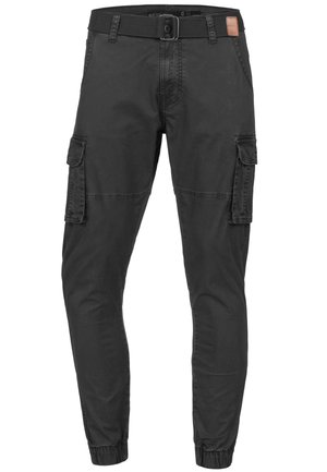 Black cargo pants made of cotton, featuring elastic cuffs, a belt, multiple pockets, and a smooth, matte texture.