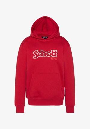 Sweat à capuche rouge en tissu doux avec une poche avant. Il possède une capuche avec cordon de serrage et le logo "Schott N.Y.C" en blanc et beige clair.